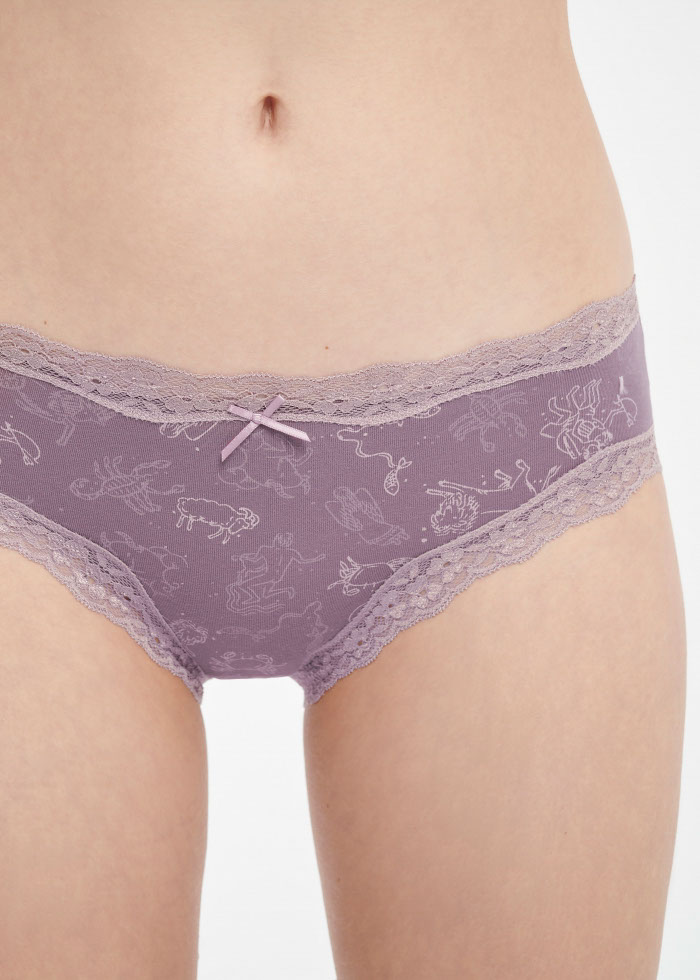 Hygiene Series．Mid Rise Cotton Lace Trim Hipster Panty(Zodiac Pattern)