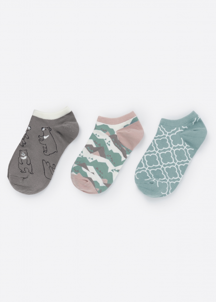 (3-Pack) Taiwan Select．Women Low Cut Ankle Socks（Bear/ Floral Tile/ Moutain）
