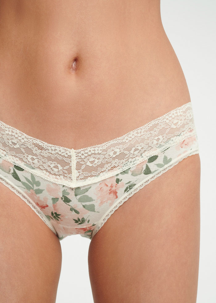 Romantic．Low Rise Cotton V Lace Waist Brief Panty(Roses Pattern)