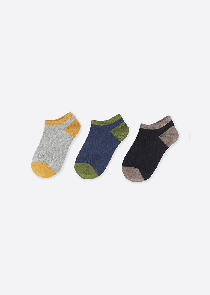 (3-Pack) Color Block．Boys Ankle Socks（Grey-Yellow/Blue-Green/Black-Brown）