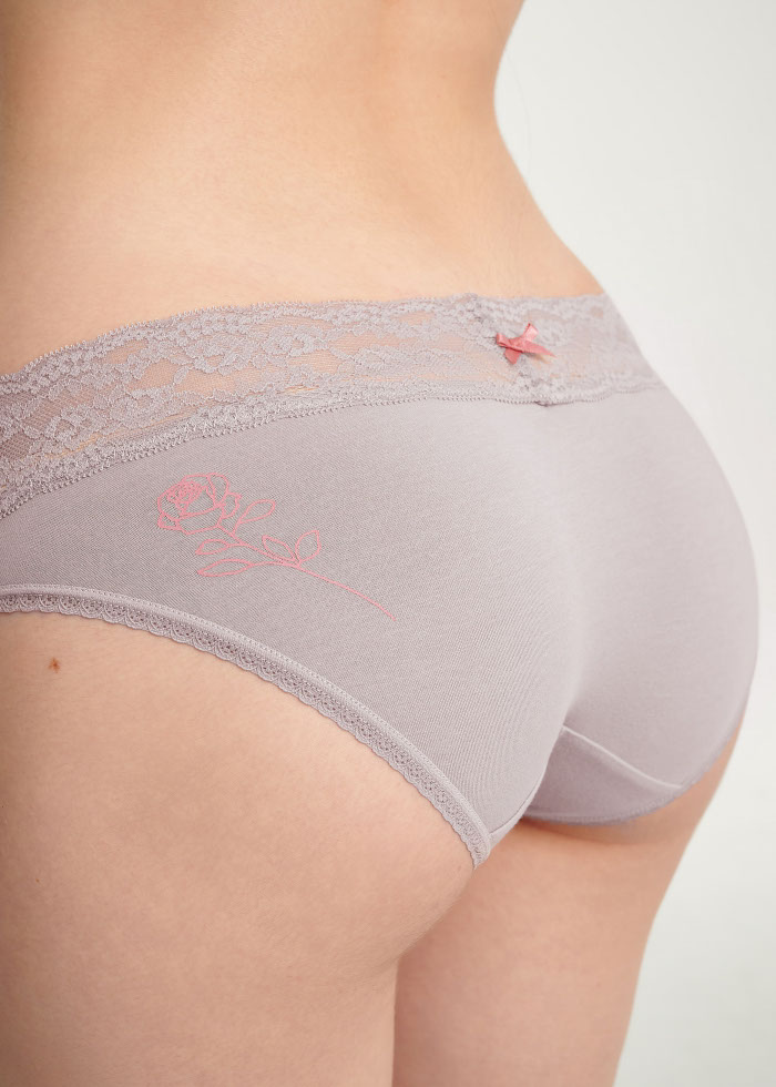 Romantic．Low Rise Cotton V Lace Waist Brief Panty(Withered Rose)