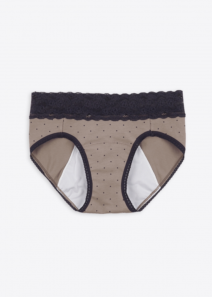 Be Mine．Mid Rise Cotton Lace Waist Period Brief Panty（Polka Dot Pattern）