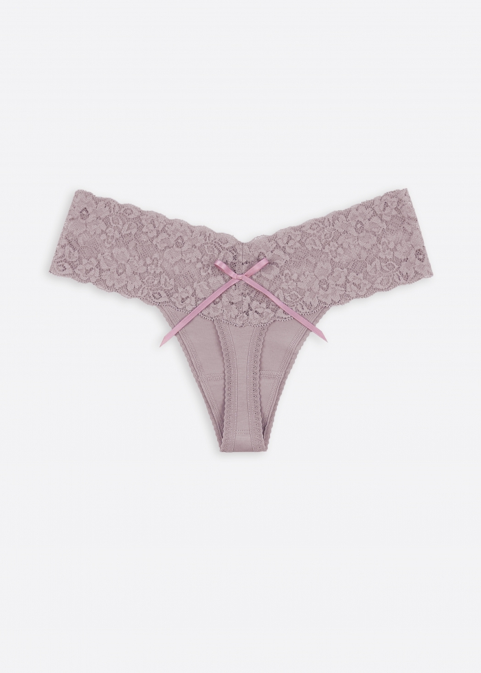 Love Game．Low Rise Cotton V Lace Waist Thong Panty（Violet Ice - Long Tail Bow）