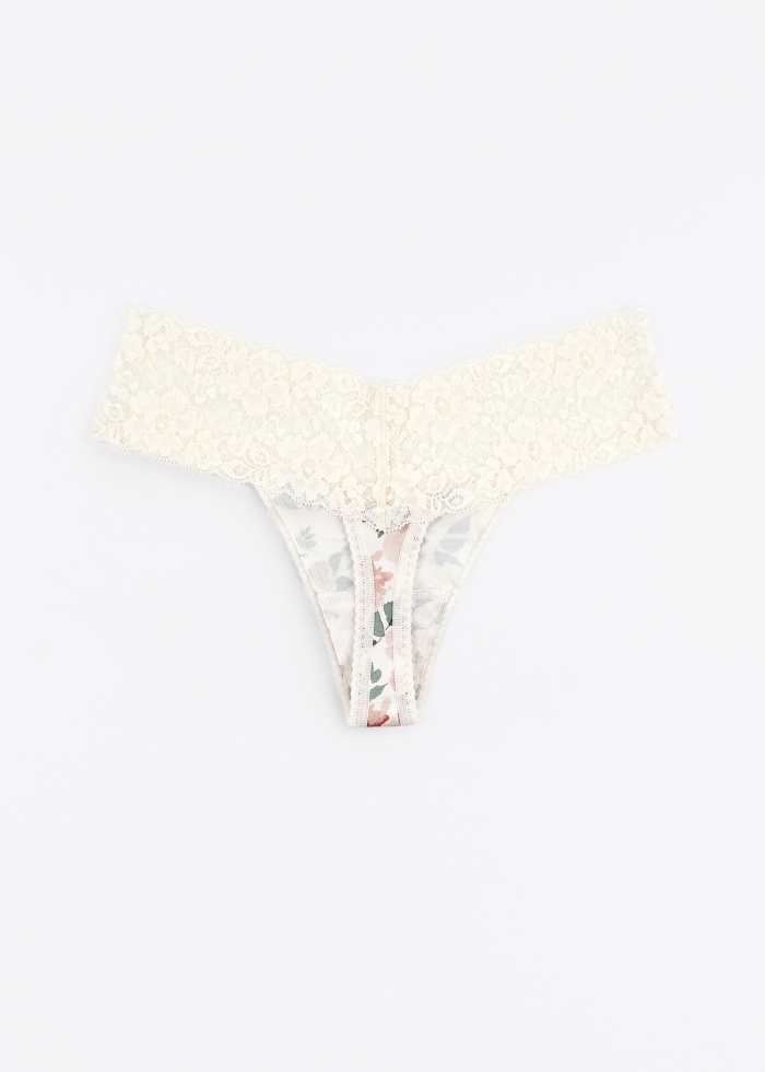 Love Game．Low Rise Cotton V Lace Waist Thong Panty(Withered Rose - Long Tail Bow)