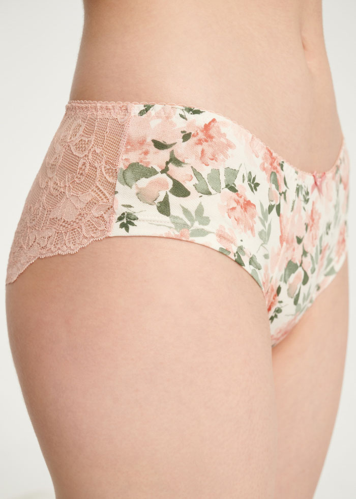 Blooming Rose．Mid Rise Cotton Floral Lace Back Hipster Panty(Roses Pattern)