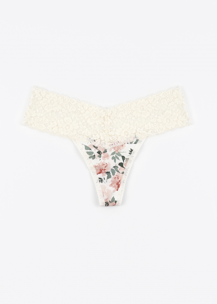 Love Game．Low Rise Cotton V Lace Waist Thong Panty（Roses Pattern）