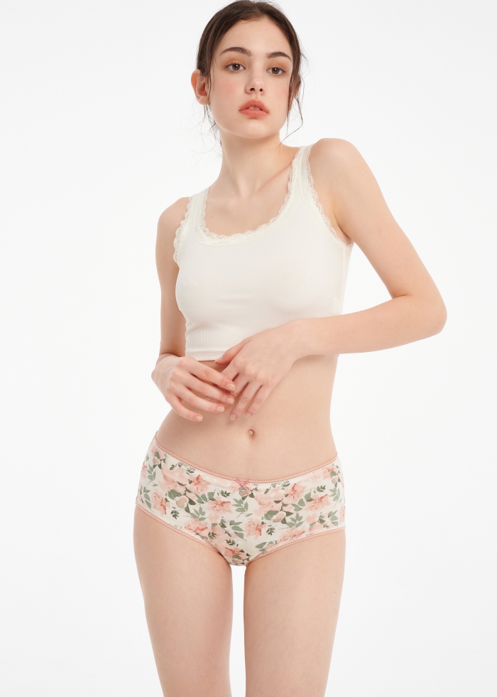 Hygiene Series．High Rise Cotton Picot Elastic Brief Panty（Roses Pattern）