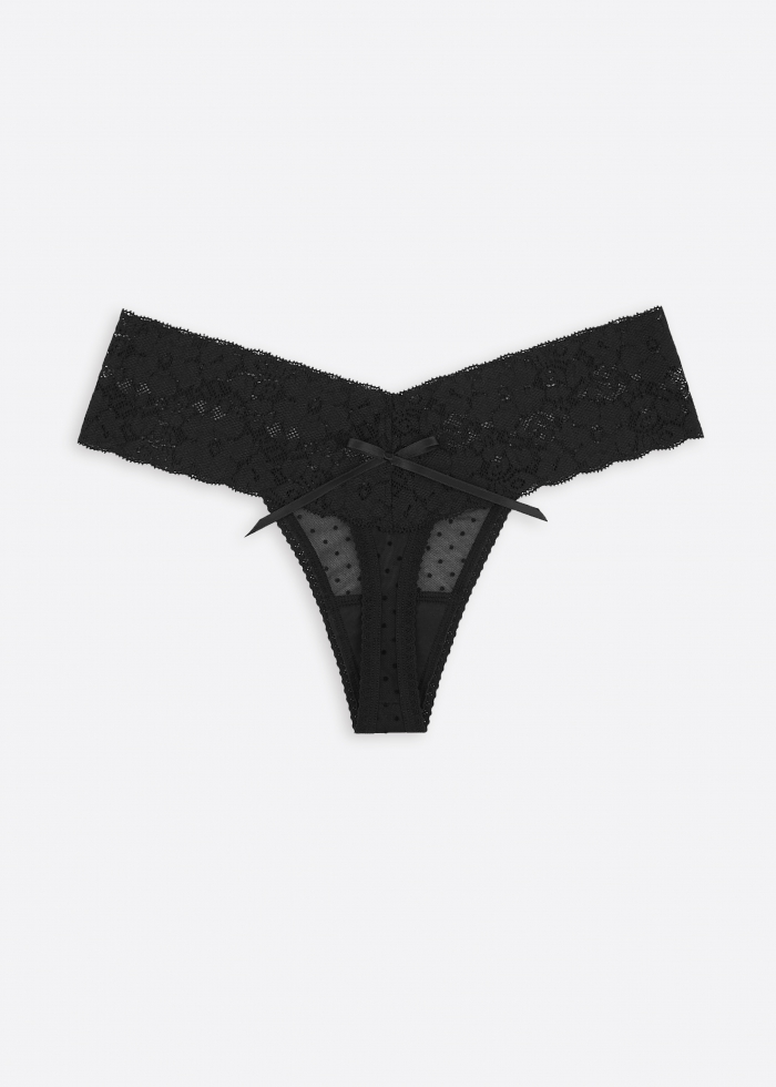 Romantic．Low Rise Mesh V Lace Waist Thong Panty（Dotted Pattern）