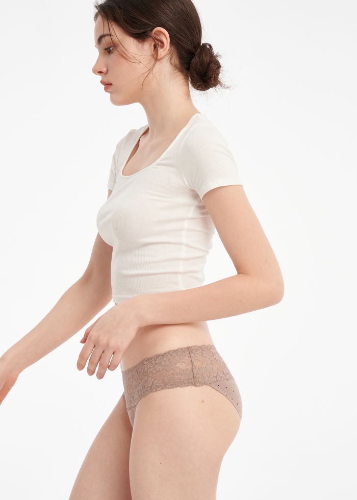 Hygiene Series．Low Rise Cotton Stretch Lace Waist Brief Panty(Polka Dot Pattern)