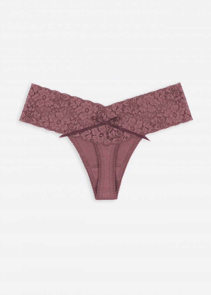 Love Game．Low Rise Cotton V Lace Waist Thong Panty（Withered Rose - Long Tail Bow）