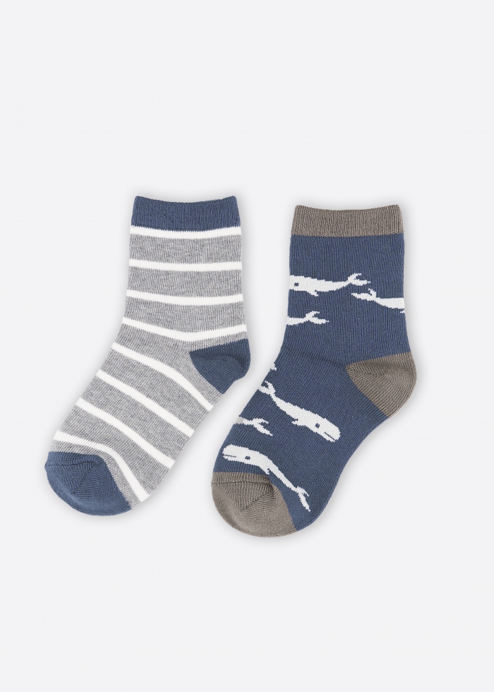 (2-Pack) Ocean．Boys Mid Calf Socks(Whale/ Strip)