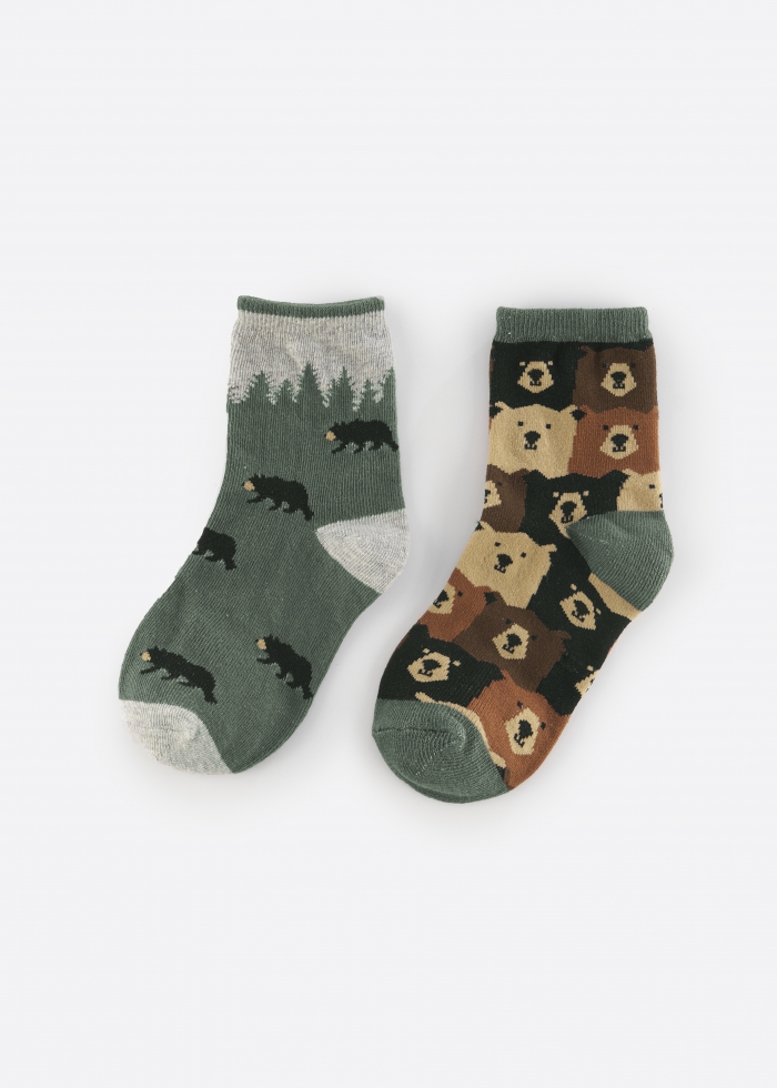 (2-Pack) Green Forest．Boys Mid Calf Socks（Bears/Forest）