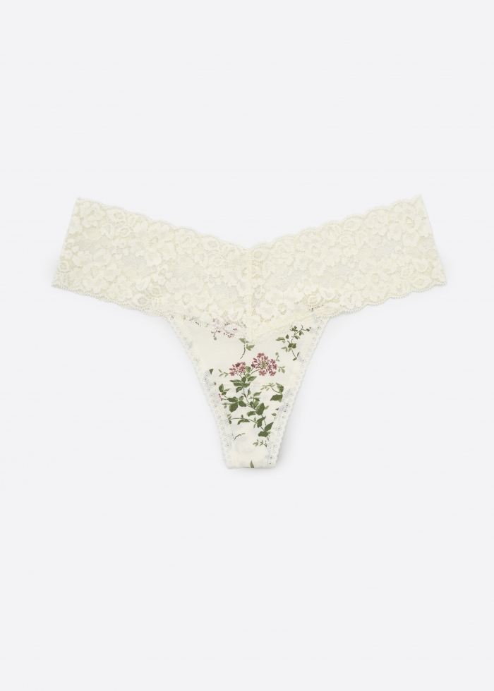 Worry Free Garden．Low Rise Cotton V Lace Waist Thong Panty（Safflower Pattern）