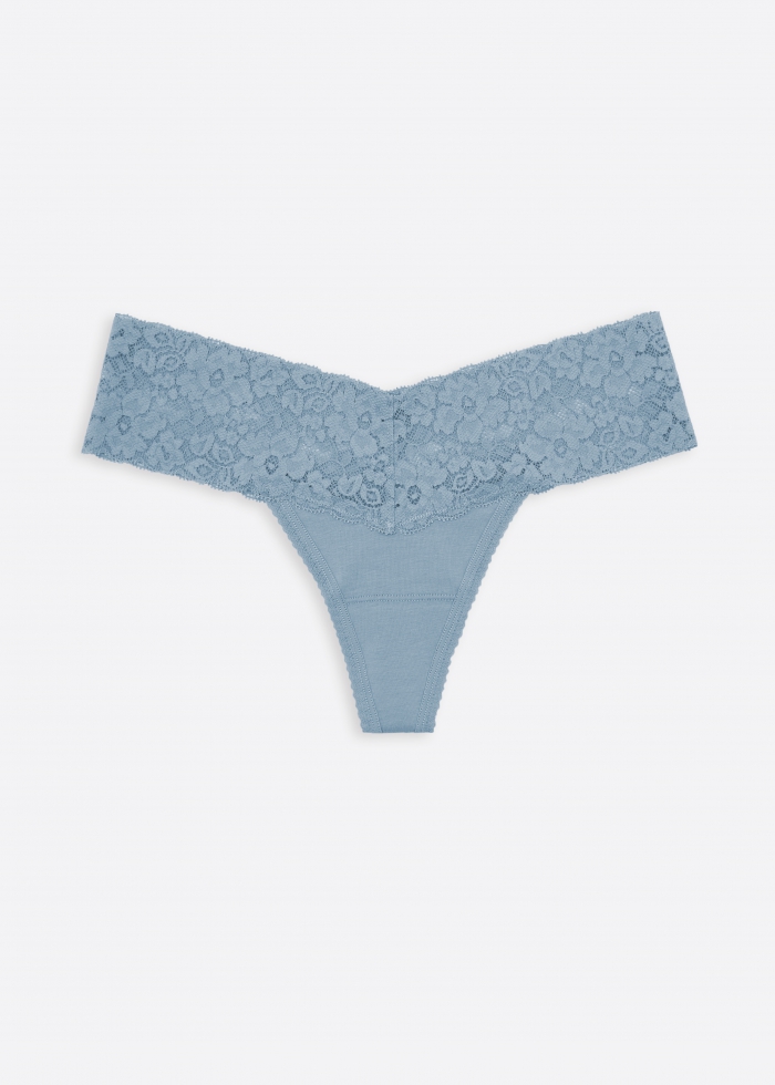 Worry Free Garden．Low Rise Cotton V Lace Waist Thong Panty（Blue Fog）