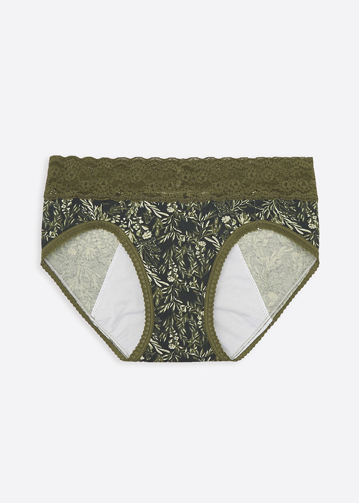 Sunshine Garden．Mid Rise Cotton Lace Waist Period Brief Panty(Luxuriant Pattern)