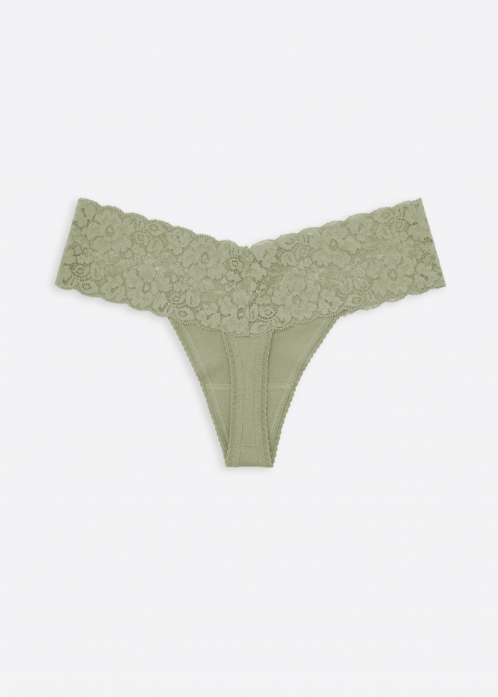 Worry Free Garden．Low Rise Cotton V Lace Waist Thong Panty(Blue Fog)