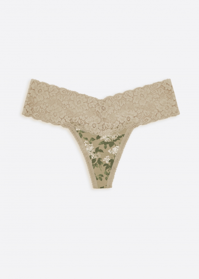 Worry Free Garden．Low Rise Cotton V Lace Waist Thong Panty（Blooming Garden Pattern）