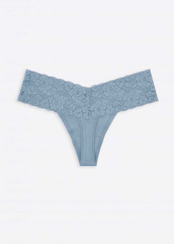 Worry Free Garden．Low Rise Cotton V Lace Waist Thong Panty(Blue Fog)