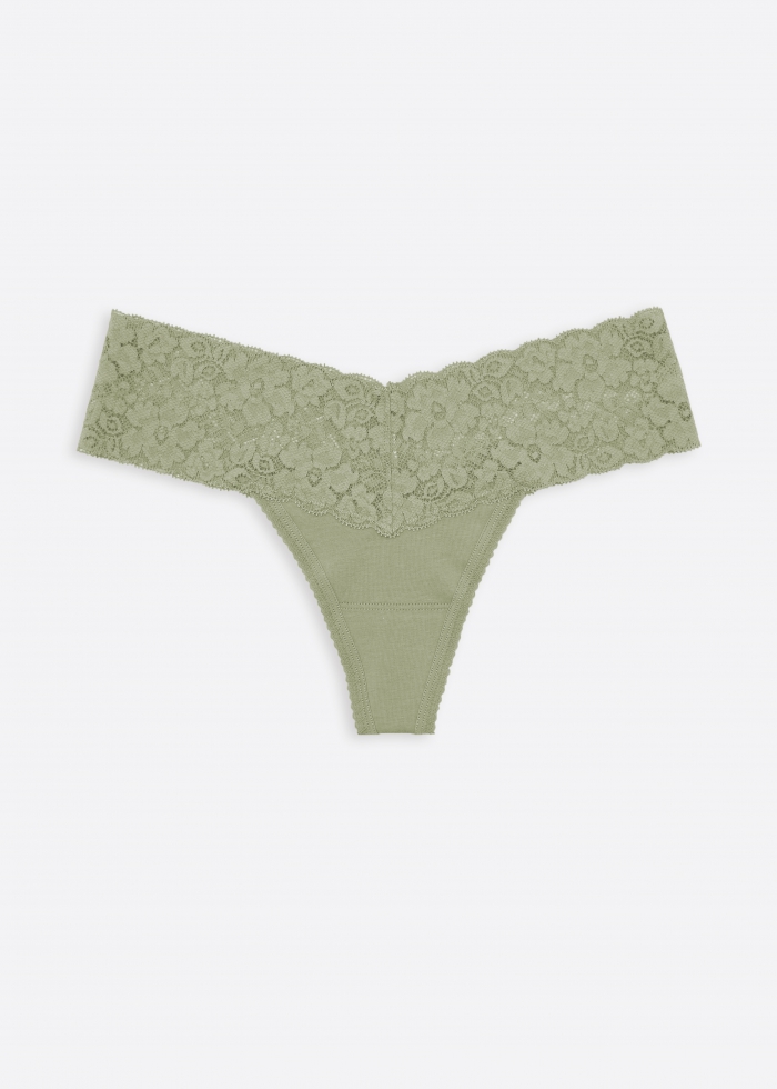 Worry Free Garden．Low Rise Cotton V Lace Waist Thong Panty（Tea）