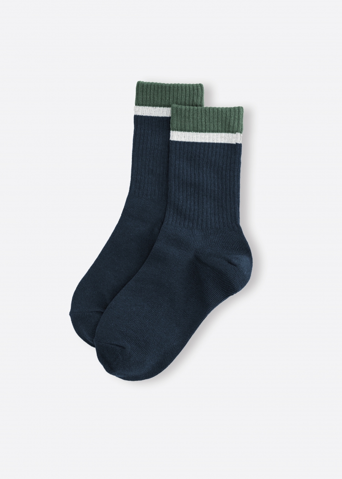 Athflow．抽針舒棉中筒襪（深藍-綠/米白）
