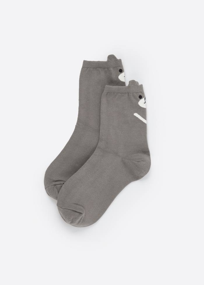Taiwan Select．耳朵造型刺繡棉質低筒襪（暖灰-台灣黑熊）