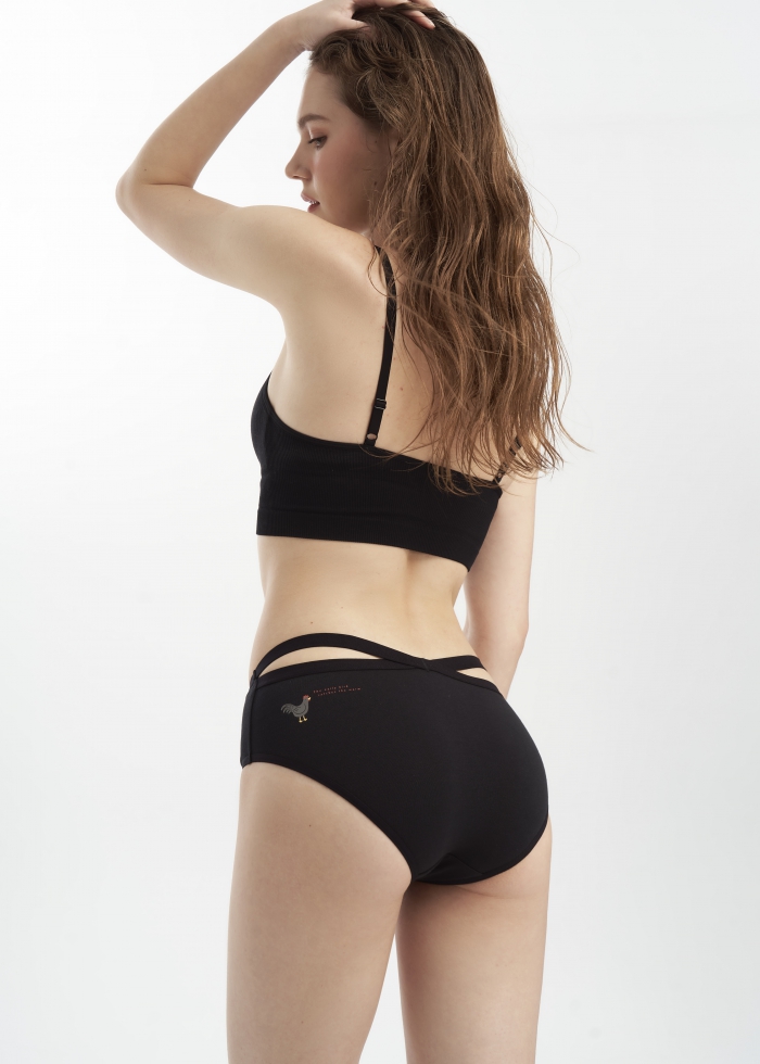 Harvest Moon．Mid Rise Cotton Crossed Back Brief Panty（Black - Check Bow）