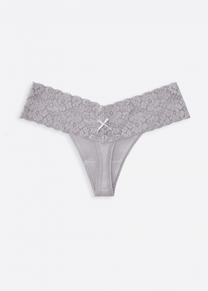 Happy Farm．Low Rise Cotton V Lace Waist Thong Panty（Gull Gray - Check Bow）