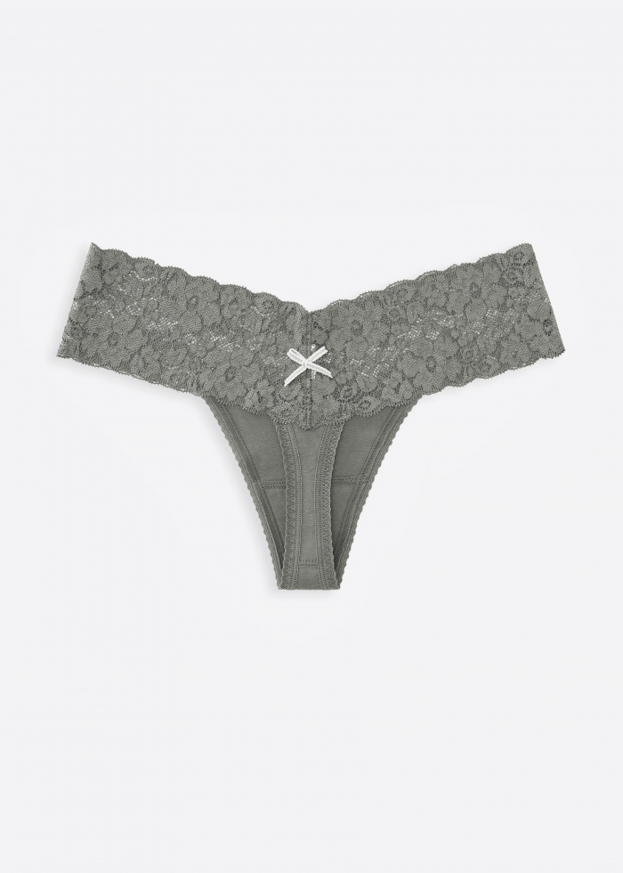 Happy Farm．Low Rise Cotton V Lace Waist Thong Panty（Moon Mist - Countryside Bow）