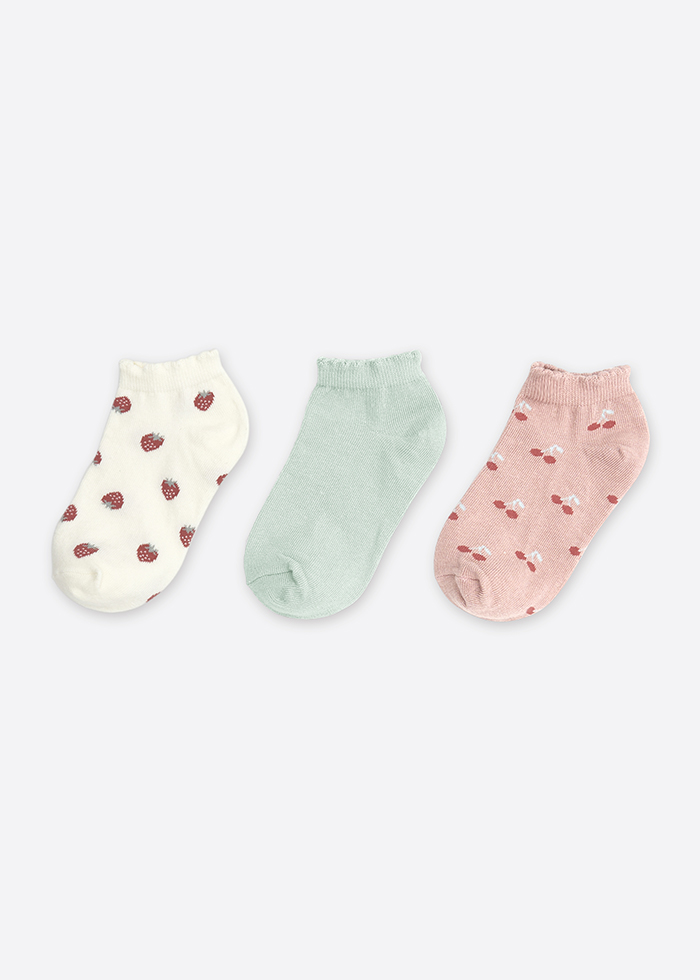 (3-Pack) Berry Smoothie．Girls Ribbing Ankle Socks（Green/Strawberry/Cherry）