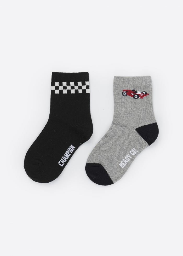 (2-Pack) Racing Formula．Boys Mid Calf Socks(Plaid / Racing Cars)