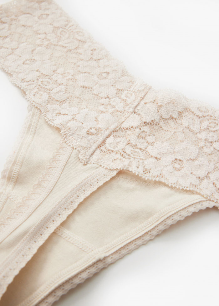 Classic．Low Rise Cotton V Lace Waist Thong Panty(Ash Rose)