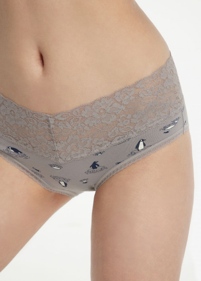 Ocean Mysteries．Mid Rise Cotton V Lace Waist Brief Panty(Stripe Pattern)