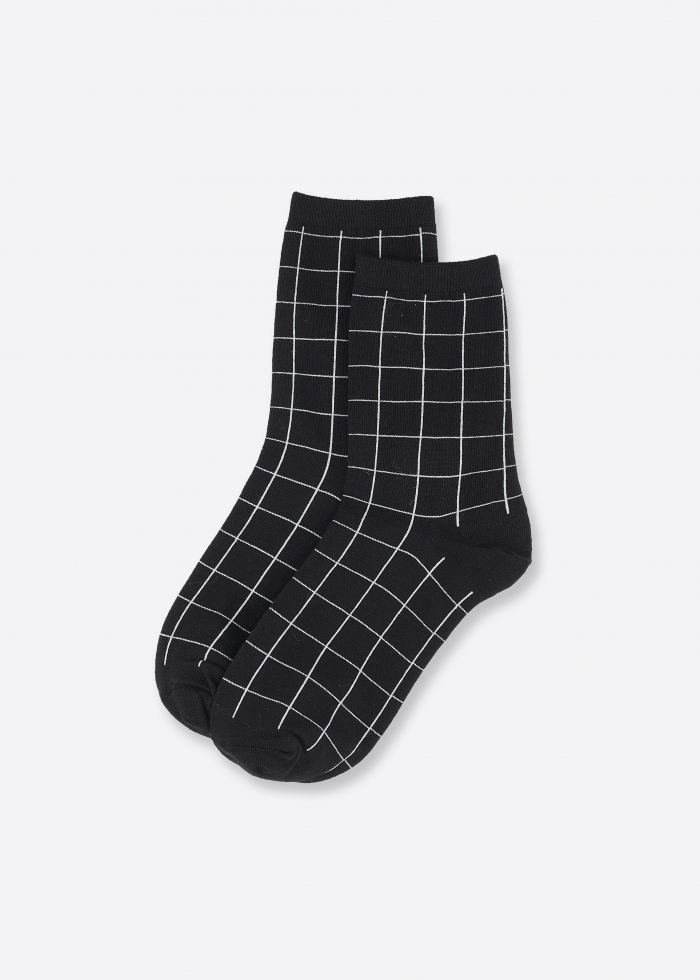 知性旅程．舒棉短襪（黑-細格紋）