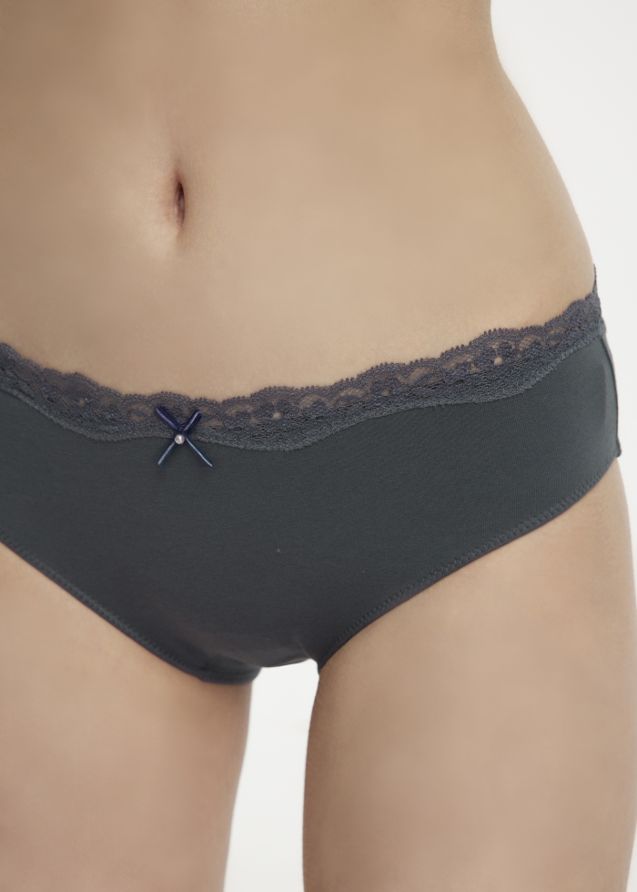 Ocean Mysteries．Mid Rise Cotton Lace Detail Hipster Panty(Dark Slate - Pearl Charm)