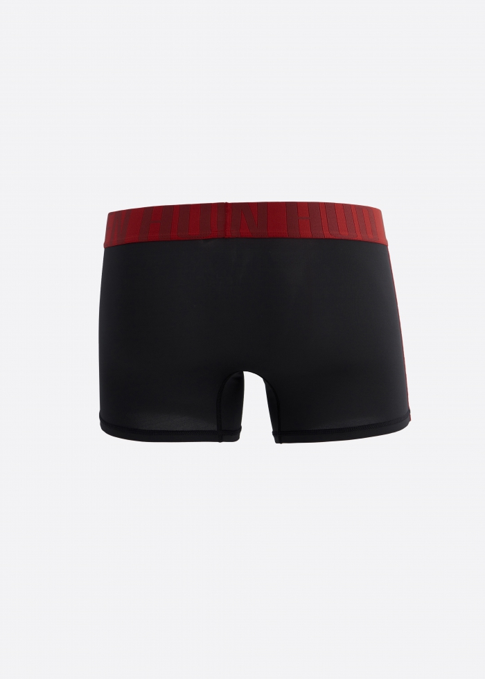 男款_吸濕排汗機能系列．短版腰帶平口內褲(黑-暗紅寬緊帶)