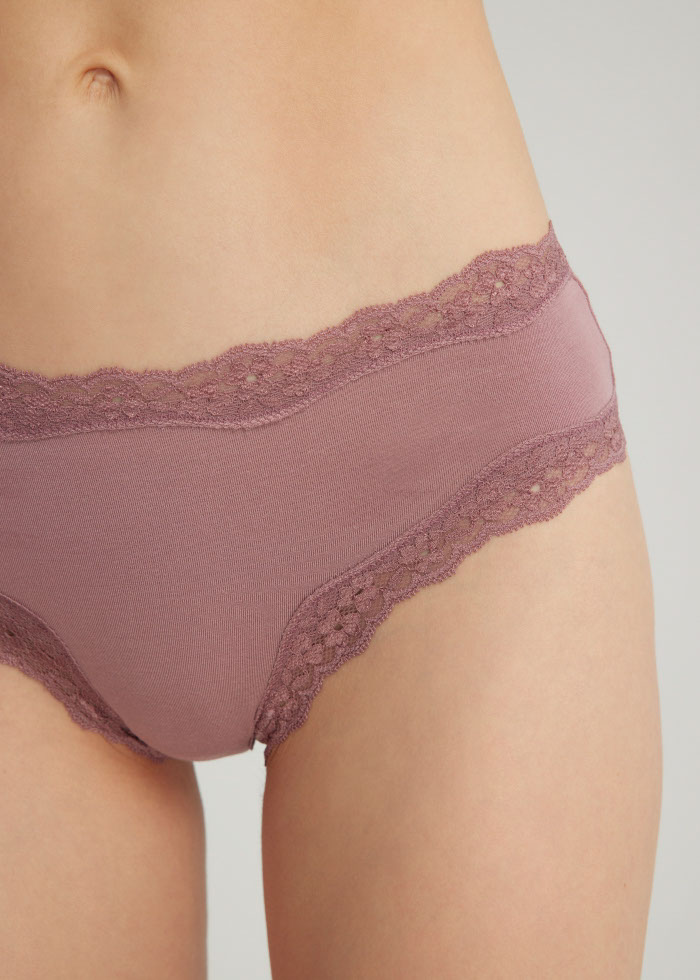 MODAL Series．Mid Rise Modal Lace Trim Hipster Panty(Withered Rose)