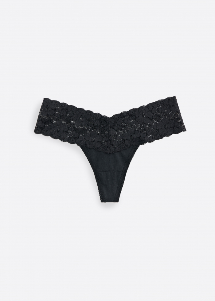 MODAL Series．Low Rise Modal V Lace Waist Thong Panty（Black）