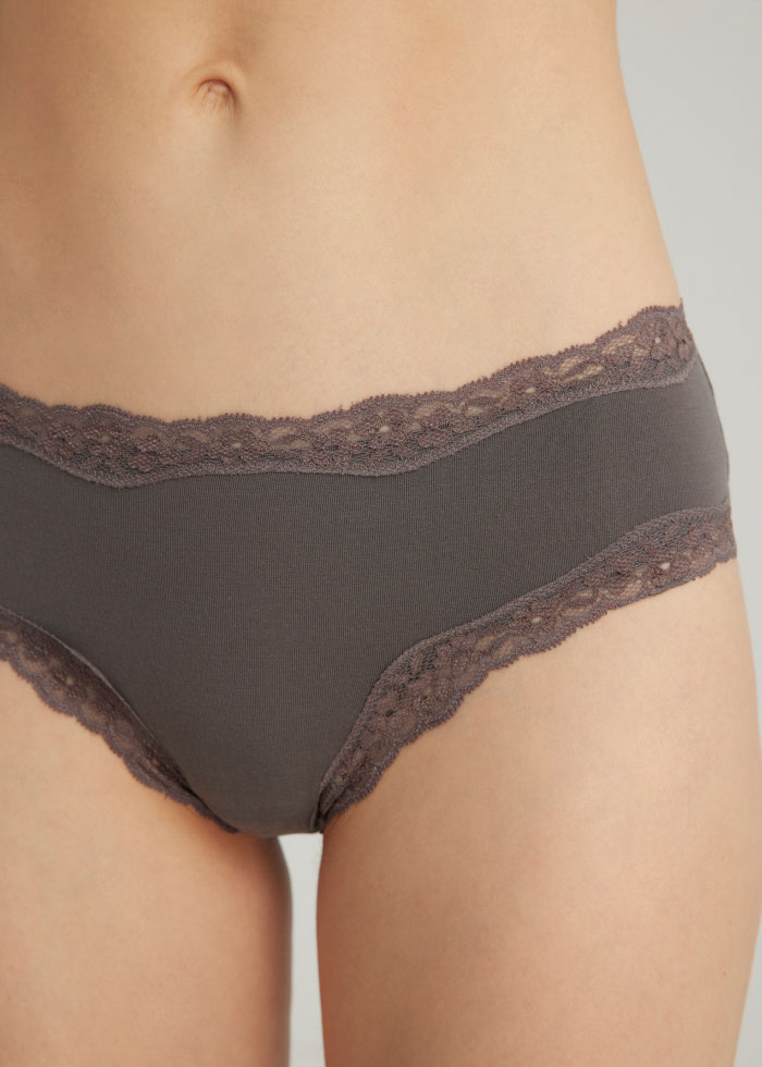 MODAL Series．Mid Rise Modal Lace Trim Hipster Panty(Withered Rose)