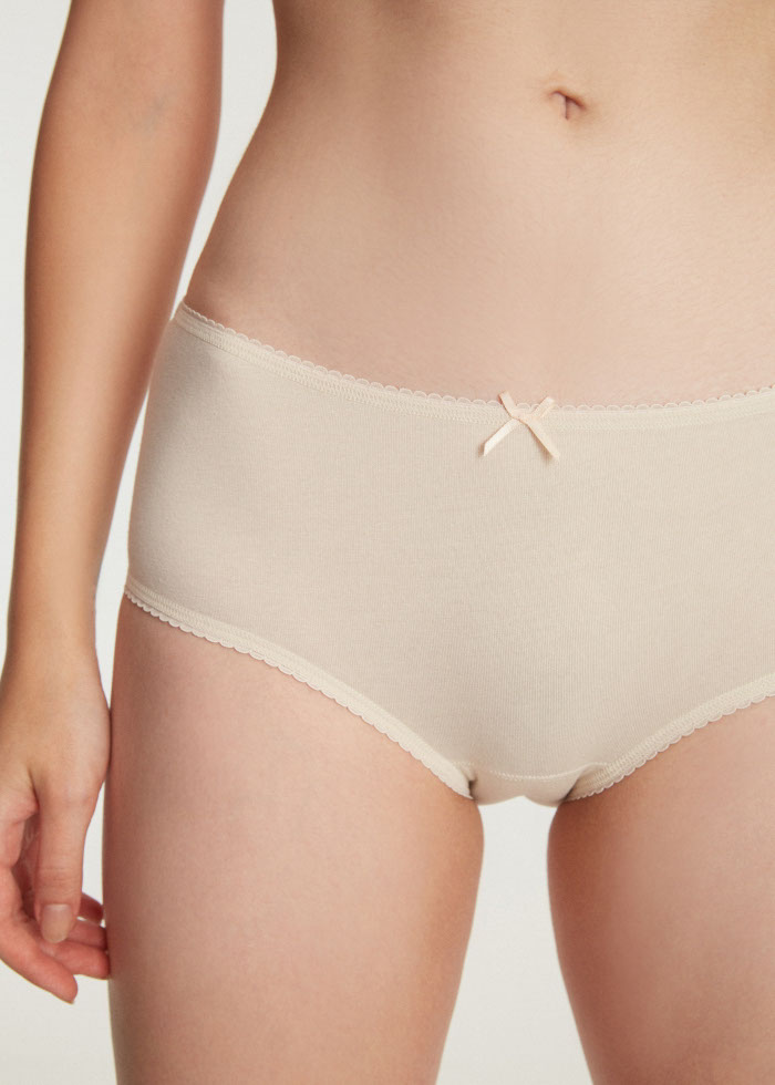 Classic．High Rise Cotton Picot Elastic Brief Panty(Nude)