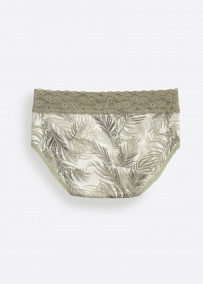 Holiday Moment．Mid Rise Cotton Lace Waist Period Brief Panty(Palmy Shade Pattern)