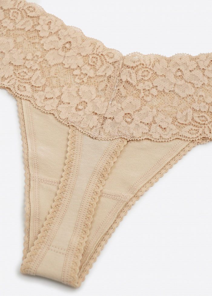 Sunny Vibes．Low Rise Cotton V Lace Waist Thong Panty(Shifting Sand)