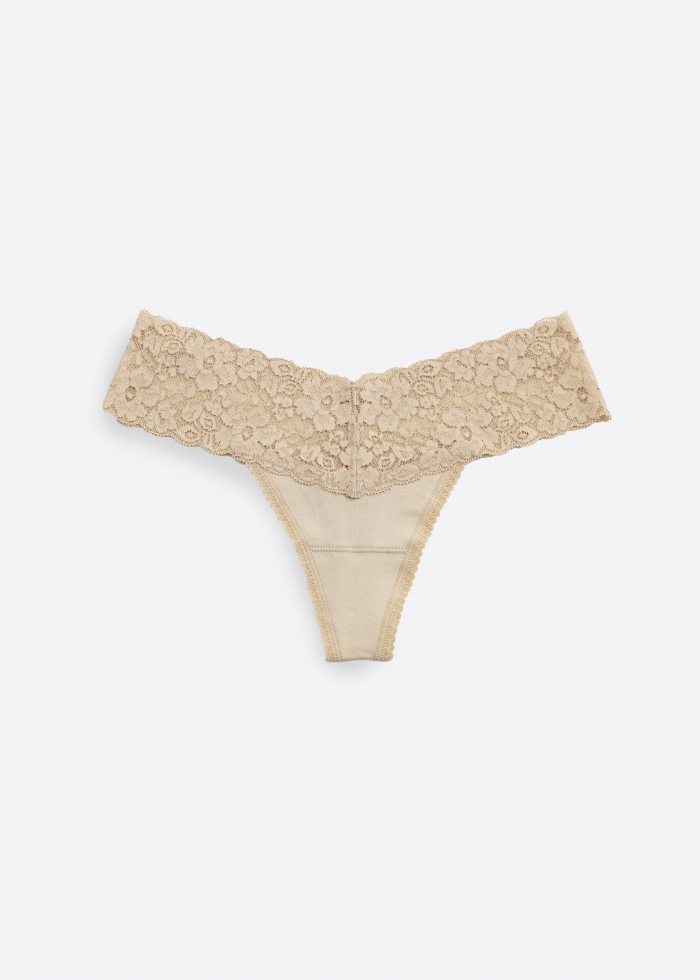 Sunny Vibes．Low Rise Cotton V Lace Waist Thong Panty（Shifting Sand）