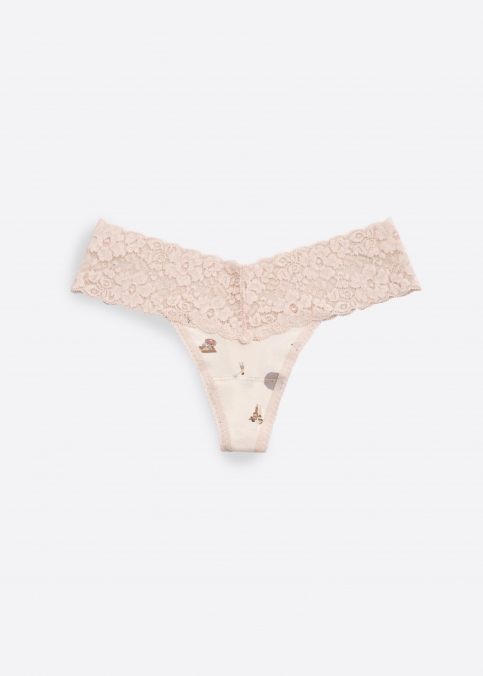 Sunny Vibes．Low Rise Cotton V Lace Waist Thong Panty(Palmy Shade Pattern)