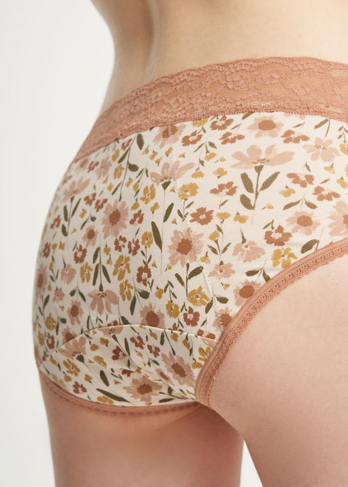 Cozy Companionship．High Rise Cotton Lace Waist Period Brief Panty(Cozy Daisy Pattern)