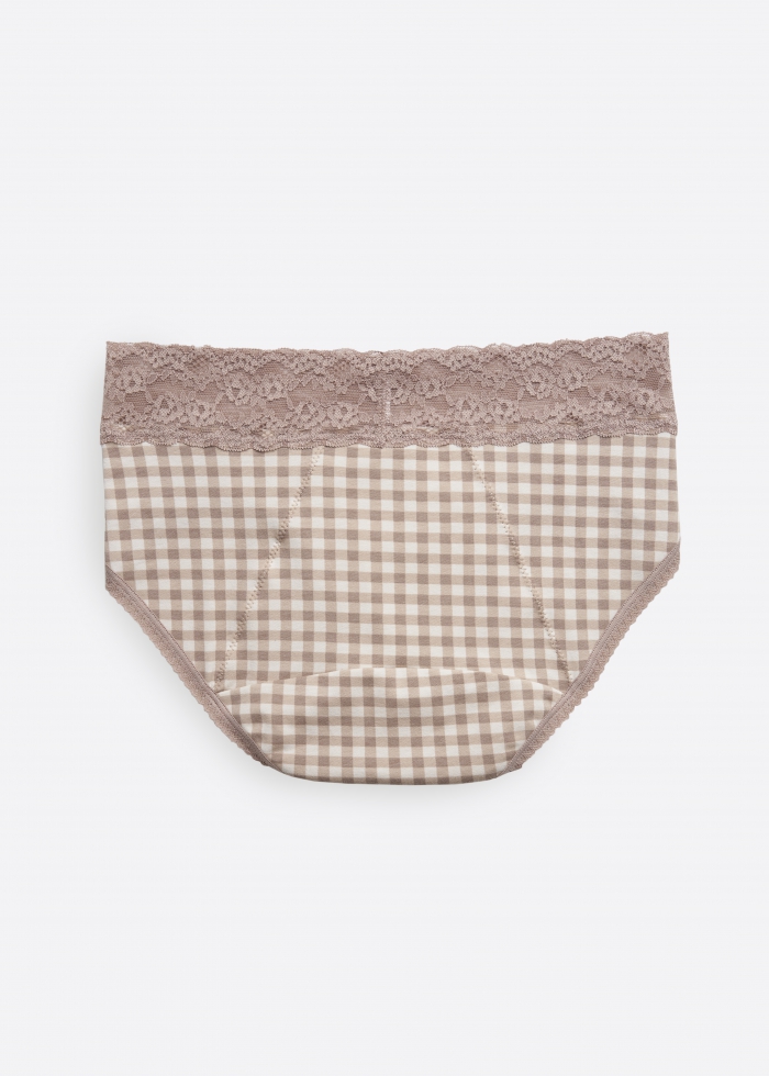 Cozy Companionship．Mid Rise Cotton Lace Waist Period Brief Panty(Checker Pattern)