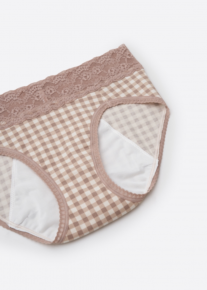 Cozy Companionship．Mid Rise Cotton Lace Waist Period Brief Panty(Checker Pattern)