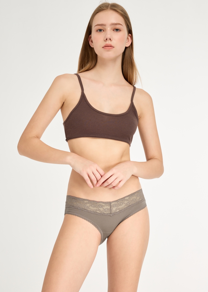 Heartwarming Baking．Low Rise Cotton V Lace Waist Brief Panty(Moss Gray)