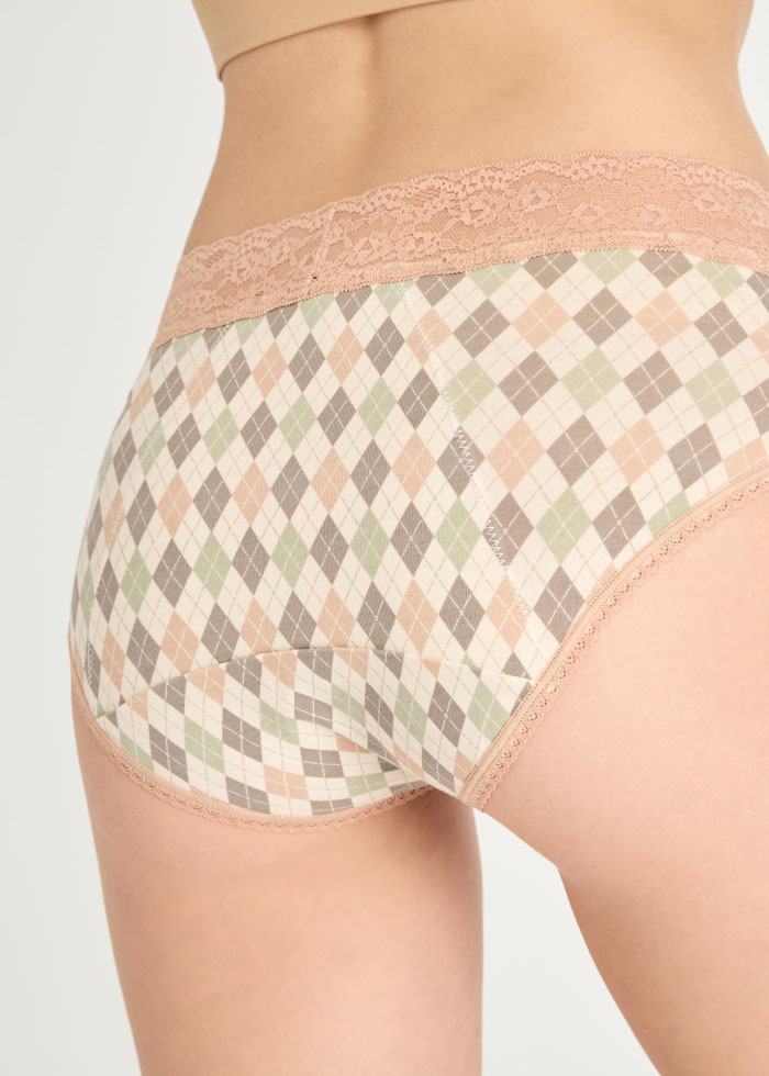 Taste of Happiness．High Rise Cotton Lace Waist Period Brief Panty(Argyle Check Pattern)