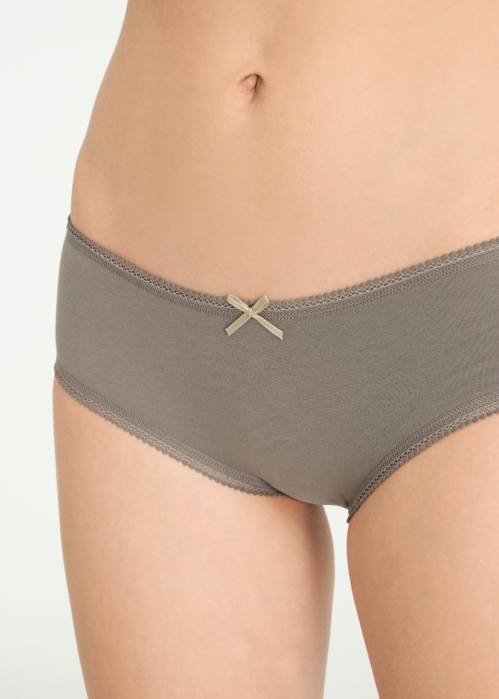 Healing Dessert．Mid Rise Cotton Picot Elastic Brief Panty(Moss Gray-Dotted Ribbon)