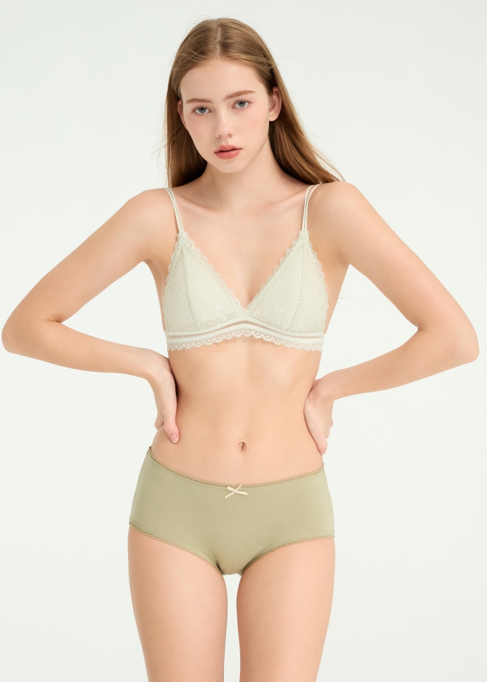 Healing Dessert．High Rise Cotton Picot Elastic Brief Panty（Moss Gray-Dotted Ribbon）